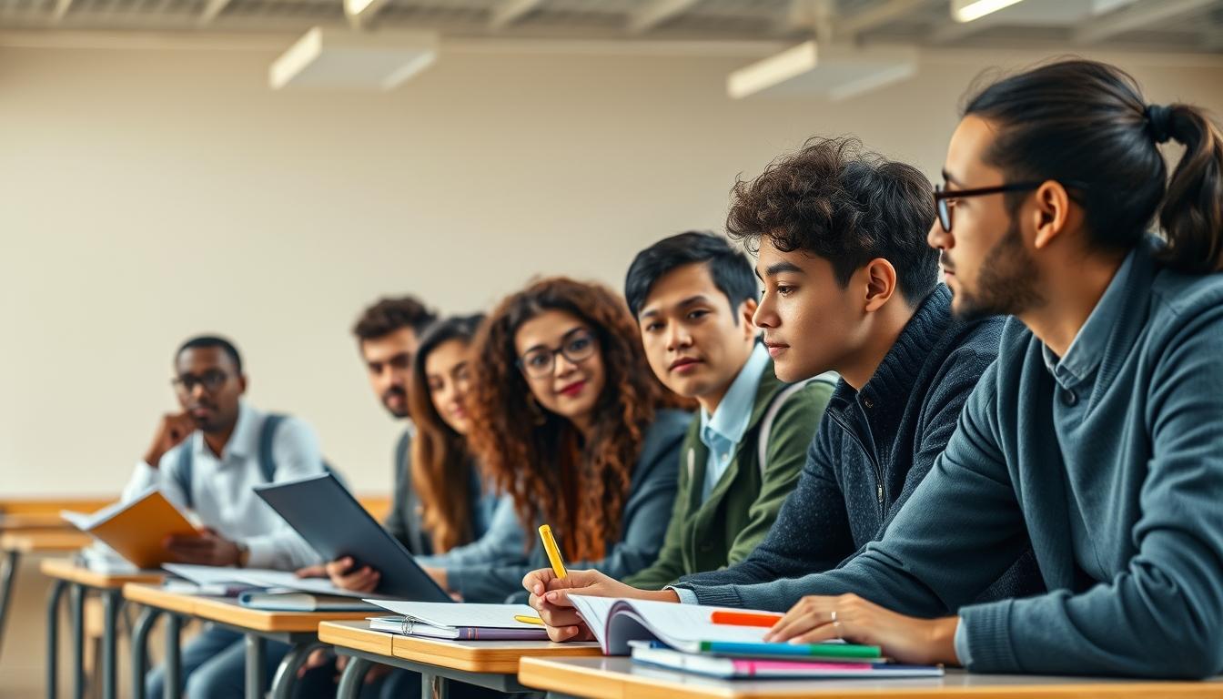 Students studying together in modern classroom